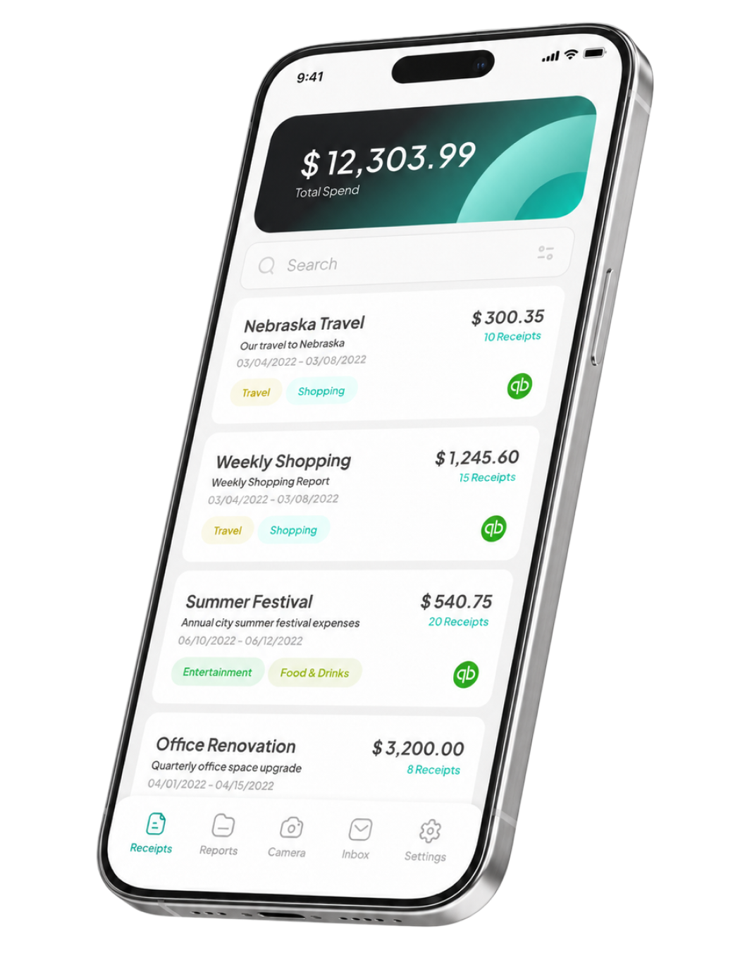 SaveIT app showing total spend and receipts